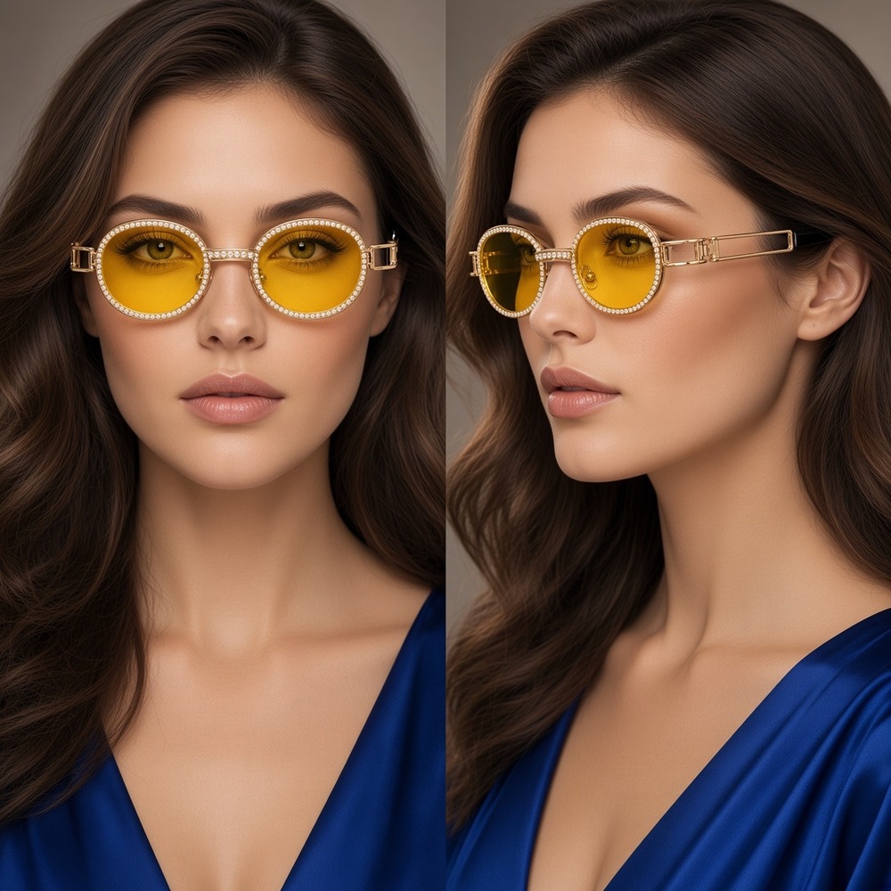 Sunglasses Round‎ Frame Metal Arm Gold Metal Fashion Shades Festival Bling Gafas
